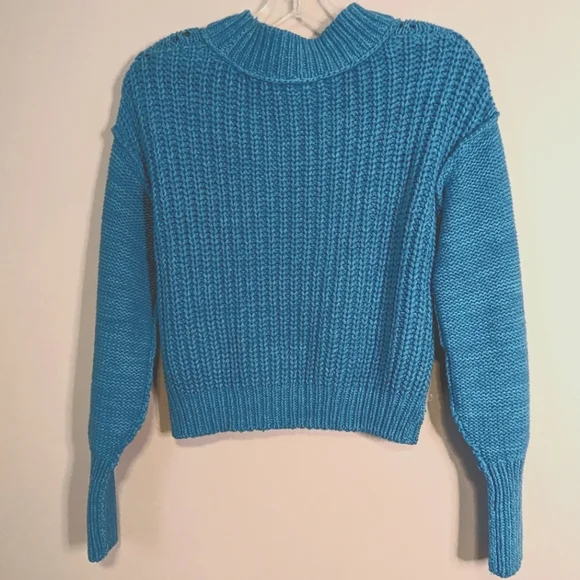 NWT Free People Bell Song Cropped Knit Long Sleeve Sweater Size XS Teal Blue - Picture 6 of 11